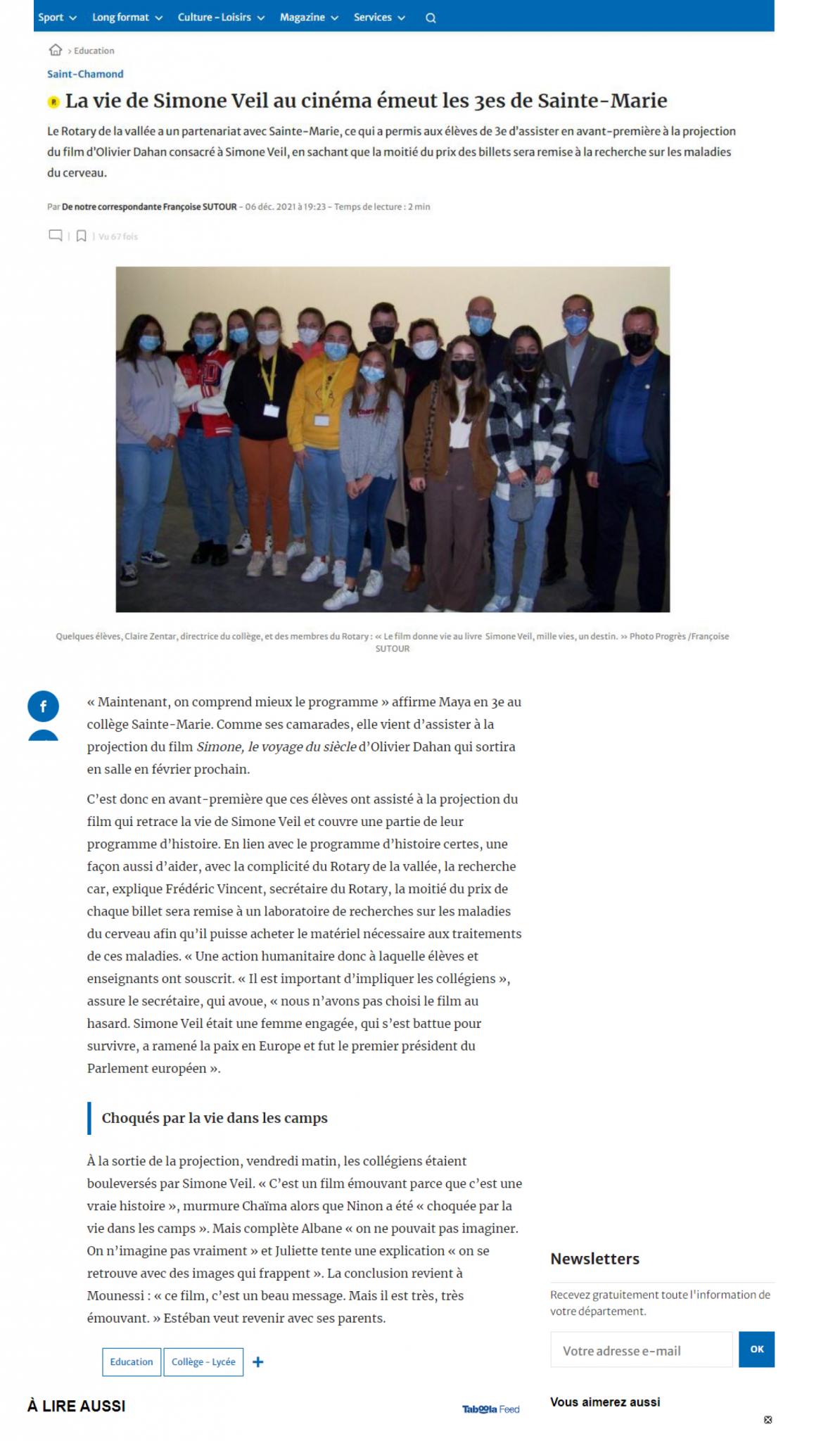 article le Prog action jeunes Rotary EET 25 NOV 2021 cinma vo - scolaires ste marie St Chamond